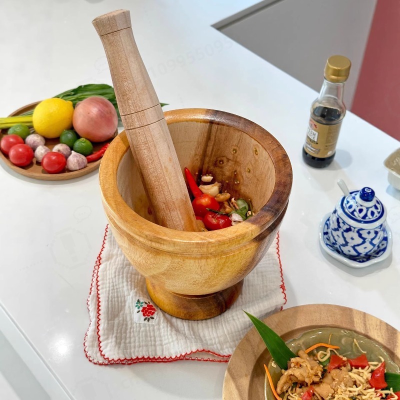 Commercial Kitchen Grinder - Natuurlijke acaciahouten mortier en stamper set,